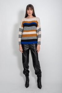 Mohair blend multicolored striped sweater royal  blue -black -medium grey -ochre -ivory