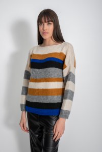 Mohair blend multicolored striped sweater royal  blue -black -medium grey -ochre -ivory