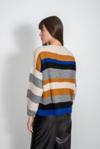 Mohair blend multicolored striped sweater royal  blue -black -medium grey -ochre -ivory