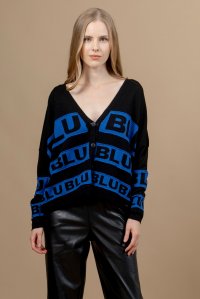 Wool blend jacquard striped cardigan black -royal blue