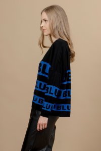 Wool blend jacquard striped cardigan black -royal blue