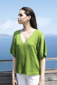 Cotton blend v-neck  blouse bright green