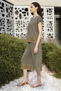 Cropped wide leg pants with knitted details khaki