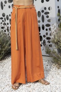 linen blend wide leg pants with knitted belt orange