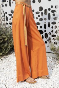 linen blend wide leg pants with knitted belt orange