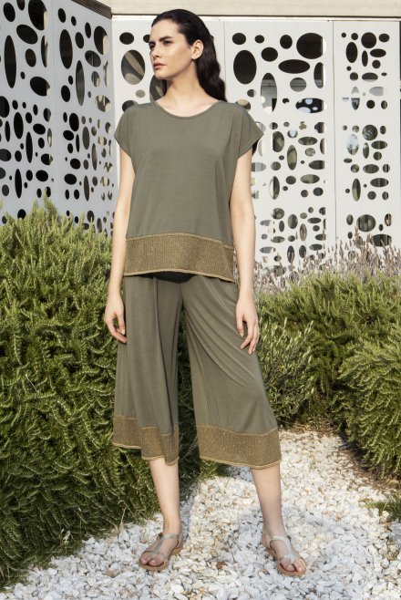 Cropped wide leg pants with knitted details khaki