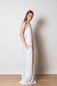 Linen blend cut-out dress with knitted details ivory