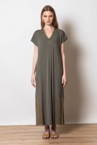 Jersey midi tunic dress with knitted details khaki