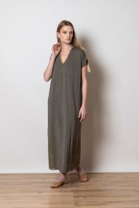 Jersey midi tunic dress with knitted details khaki