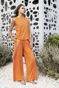 linen blend wide leg pants with knitted belt orange