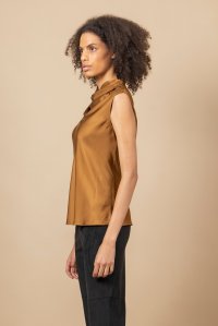 Satin cowl neck sleeveless top with knitted details tabac