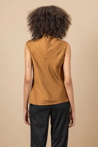 Satin cowl neck sleeveless top with knitted details tabac