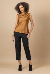 Satin cowl neck sleeveless top with knitted details tabac