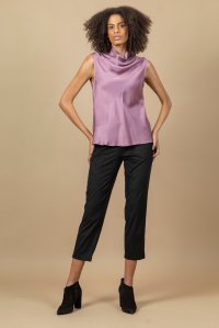 Satin cowl neck sleeveless top with knitted details dusty violet