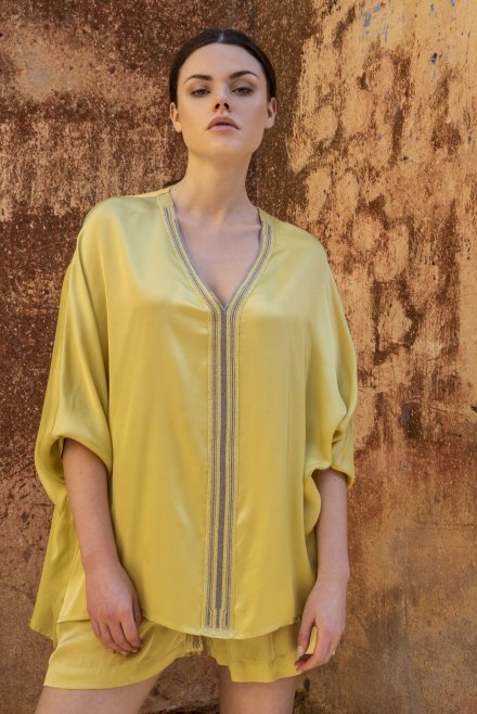 Satin 3/4 sleeved top with knitted details lime