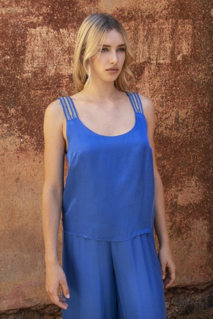 Satin tank top with knitted details royal blue