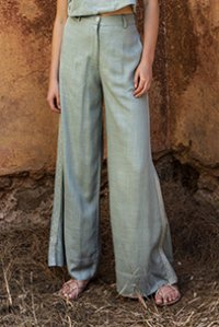 Linen blend wide leg pants with knitted details teal