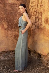 Linen blend wide leg pants with knitted details teal