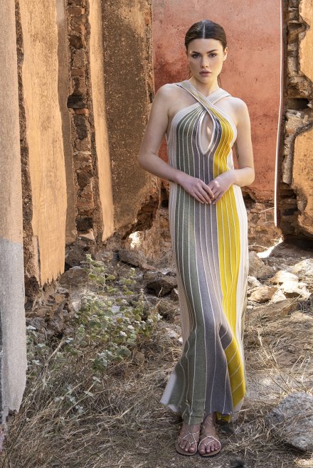 Lurex πολύχρωμο μάξι φόρεμα με cut-out beige gold-elephant-khaki-lime