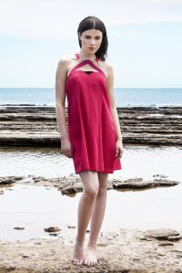 Linen blend mini dress with knitted details fuchsia