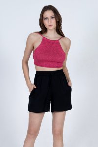 Metallic-knit halter neck top fuchsia