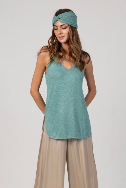 Lurex v-neck sleevless basic top teal