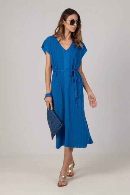 Lurex μίντι πλεκτό φόρεμα με v-λαιμό royal blue