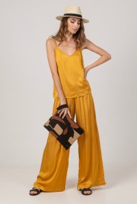 Satin basic top with knitted details yellow