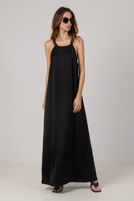 Satin halter-neck maxi dress with handmade knitted details black