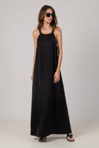 Σατέν μάξι φόρεμα με παρτούς ώμους και χειροποίητες πλεκτές λεπτομέρειες black