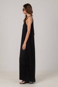Satin halter-neck maxi dress with handmade knitted details black