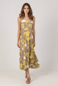 Linen blend printed midi dress with knitted details lime -elephant