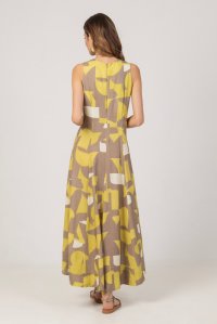 Εμπριμέ μίντι φόρεμα με λινό και πλεκτές λεπτομέρειες lime -elephant