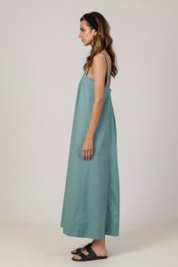 Poplin midi flared dress with knitted details teal
