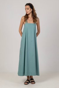 Poplin midi flared dress with knitted details teal