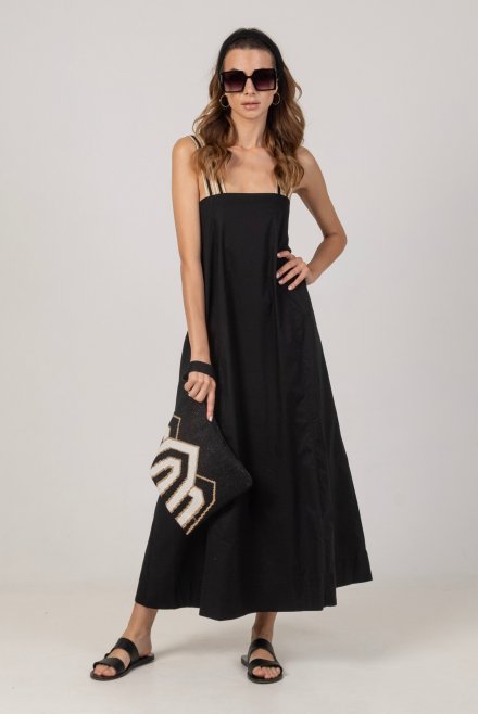 Poplin midi flared dress with knitted details black