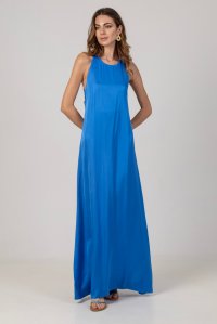 Satin maxi dress with handmade knitted details royal blue