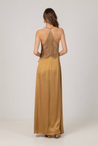 Satin maxi dress with handmade knitted details gold