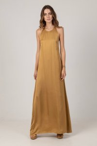 Σατέν μάξι φόρεμα με χειροποίητες πλεκτές λεπτομέρειες gold