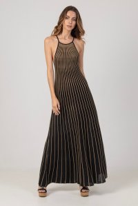 Lurex open-knit two-toned halter maxi dress black -tan gold