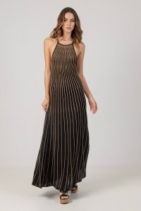 Lurex open-knit two-toned halter maxi dress black -tan gold