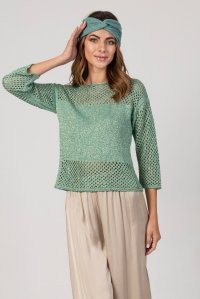 Metallic open-knit sweater teal