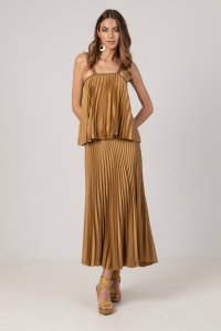 Satin pleated top with knitted details bronze