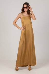Satin halter-neck maxi dress with handmade knitted details gold
