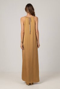 Satin halter-neck maxi dress with handmade knitted details gold