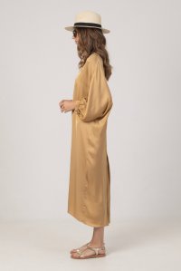 Satin caftan dress with knitted details gold