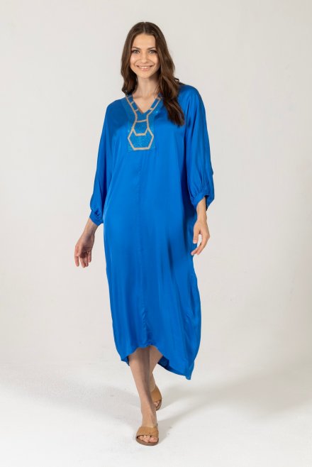 Σατέν φόρεμα-καφτάνι με πλεκτές λεπτομέρειες royal blue
