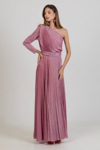 Pleated maxi dress with one shoulder and knitted details fuchsia