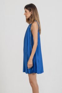 Satin pleated mini dress with knitted details royal blue