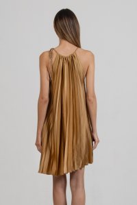 Satin pleated mini dress with knitted details bronze